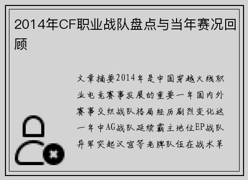 2014年CF职业战队盘点与当年赛况回顾